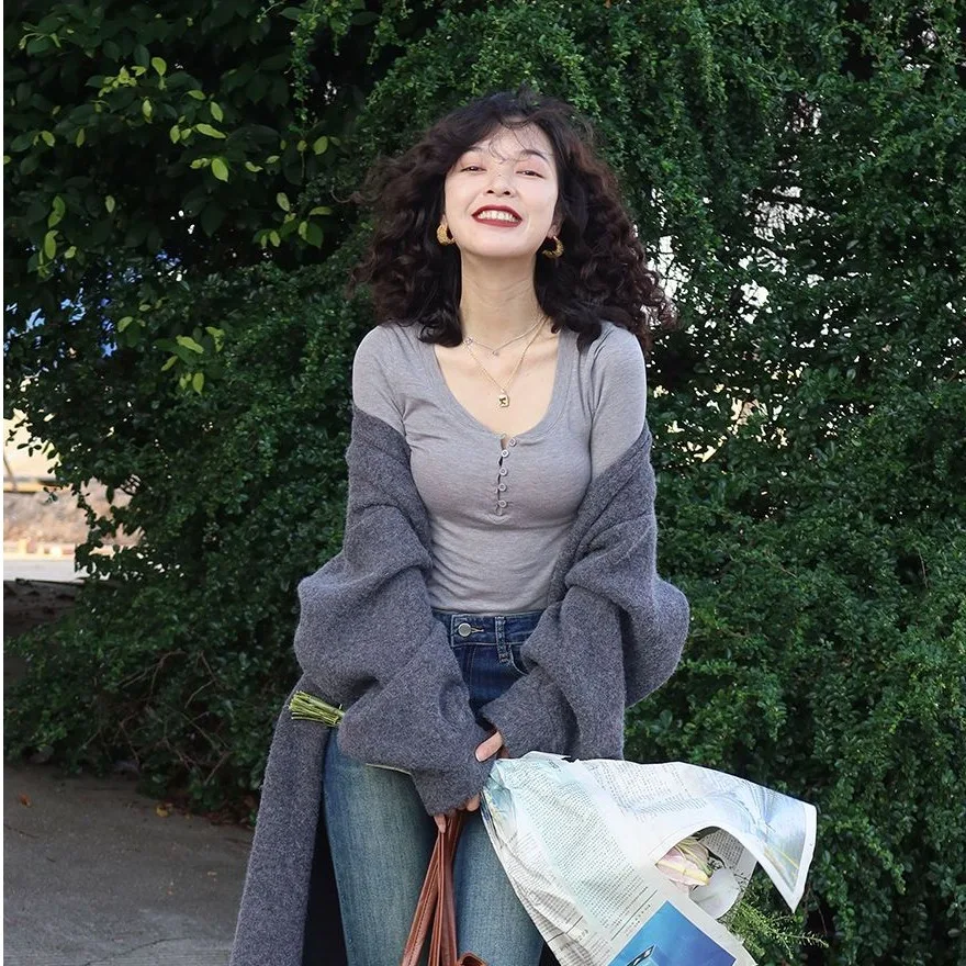 

Cloudlike Soft Retro Hong Kong Sle Женская базовая футболка irt Long Sve с большим воротником Модная утягивающая футболка для женщин