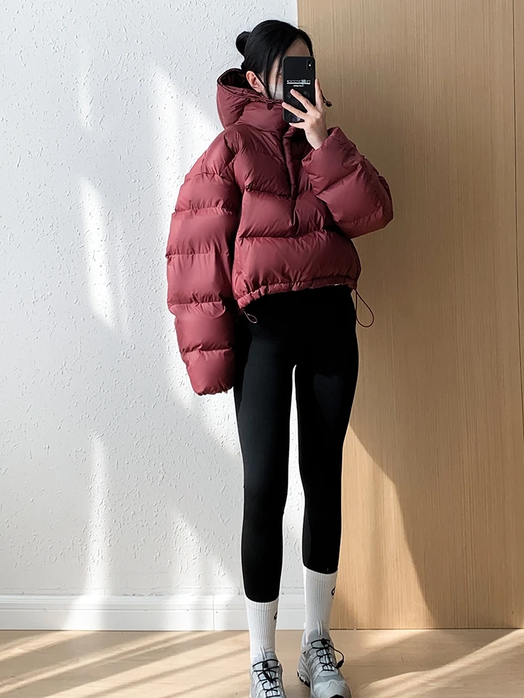 Pullover Hoodie Down Jacket Women Casual Thicken Warm Short Bread Tops Loose Hooded Solid Color Drawstring Winter Coats