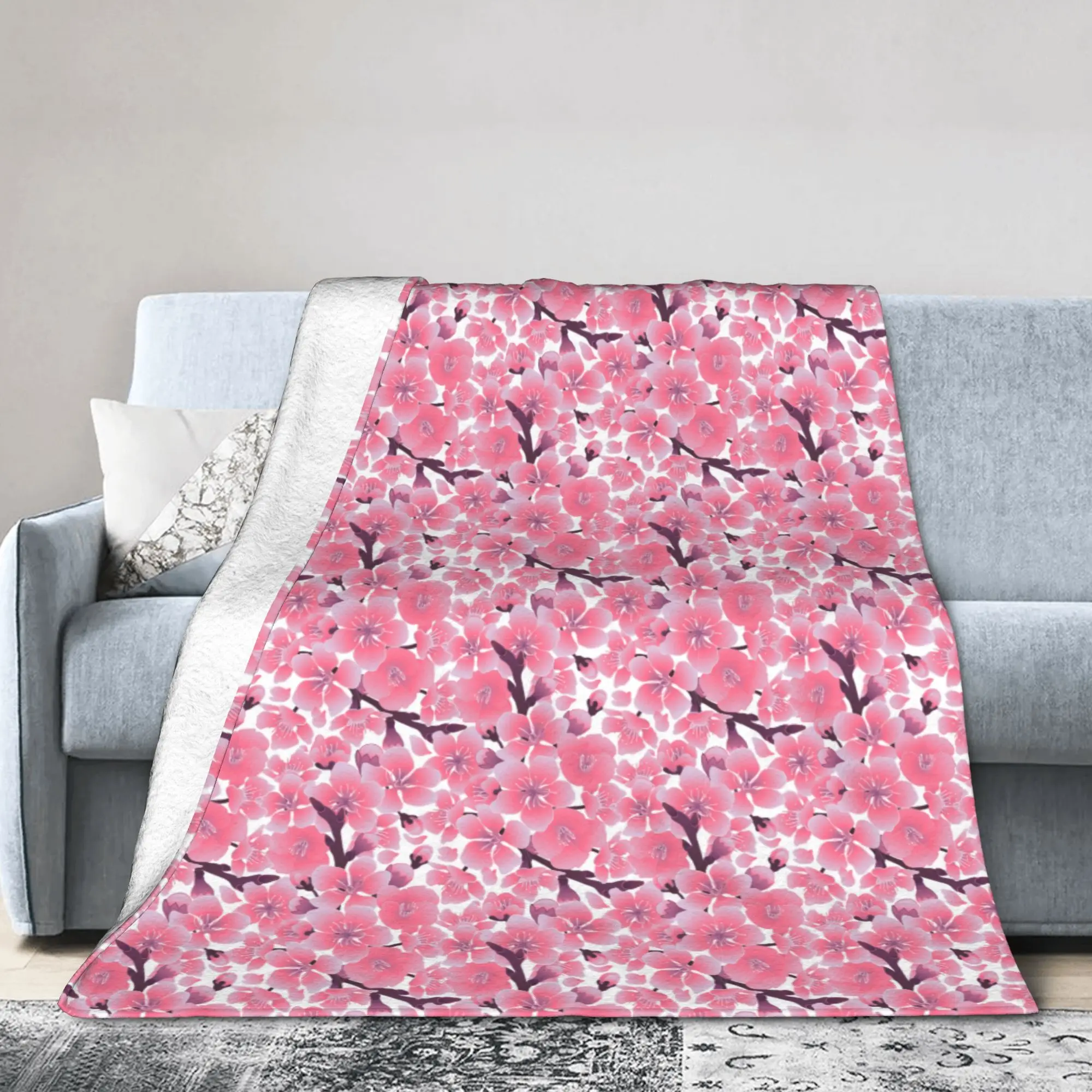 Japanese Sakura Cherry Blossom Blankets Flannel Printed Lightweight Thin Throw Blanket for Sofa Couch Bedding Throws