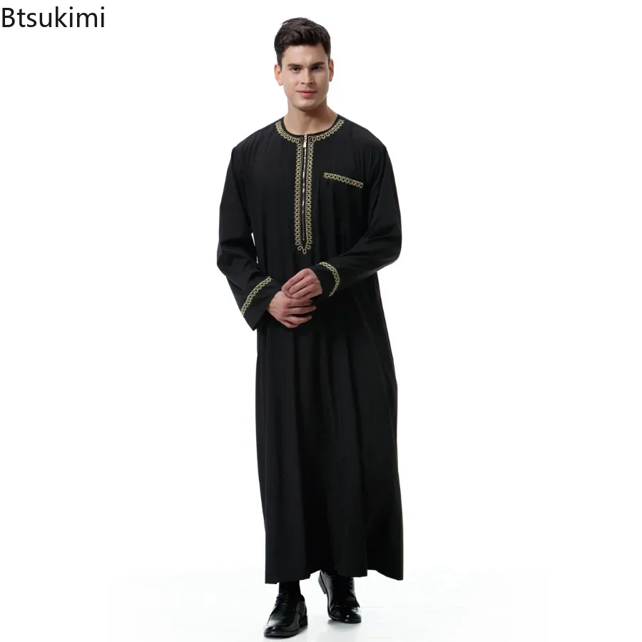 มุสลิมแฟชั่นผู้ชาย Abaya Jubba Thobe พิมพ์ซิปกิโมโนแขนยาวสีทึบสบายๆปากีสถานอิสลามเสื้อผ้าปุ่มกระเป๋า