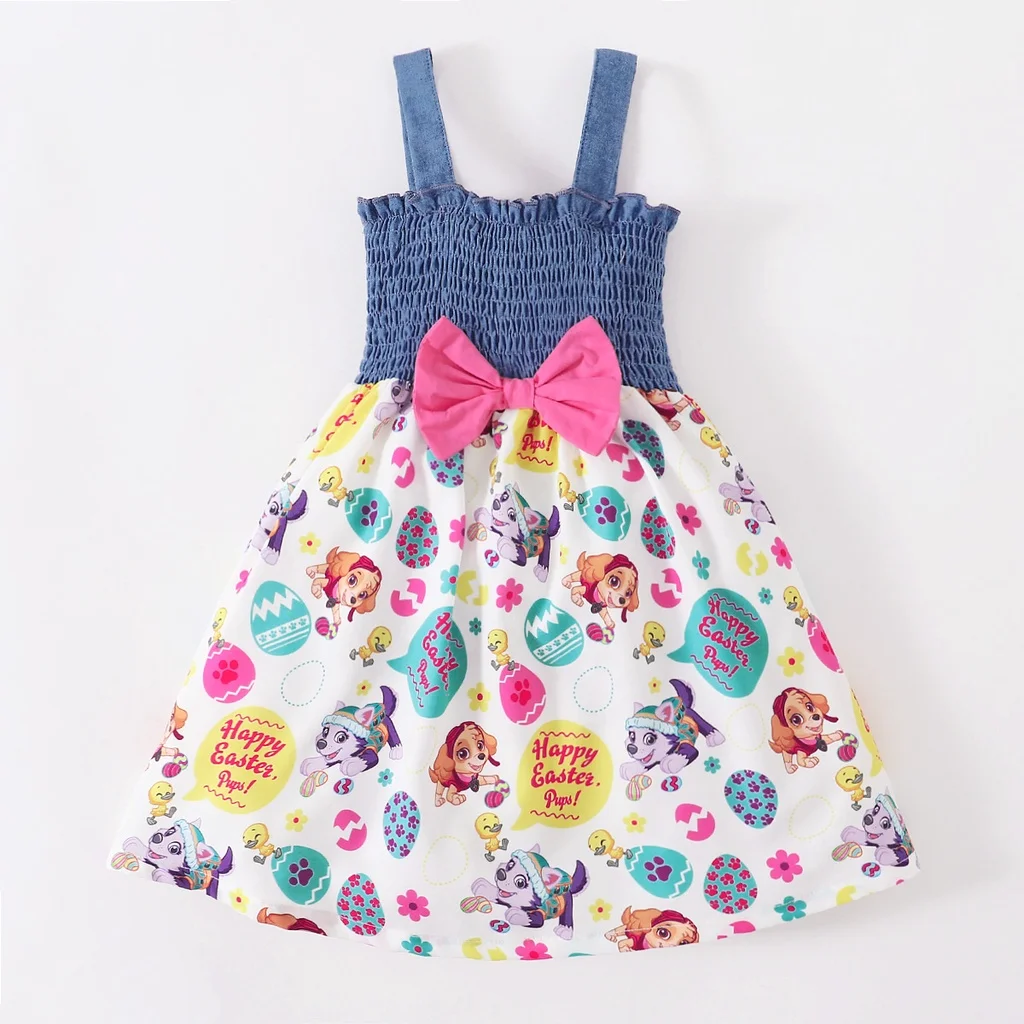 Infant Girl Sling Pleated Dress with Bow Cartoon Costumes Holiday Birthday Party Wear Summer Fashion Dress for Kids 1-6 Years