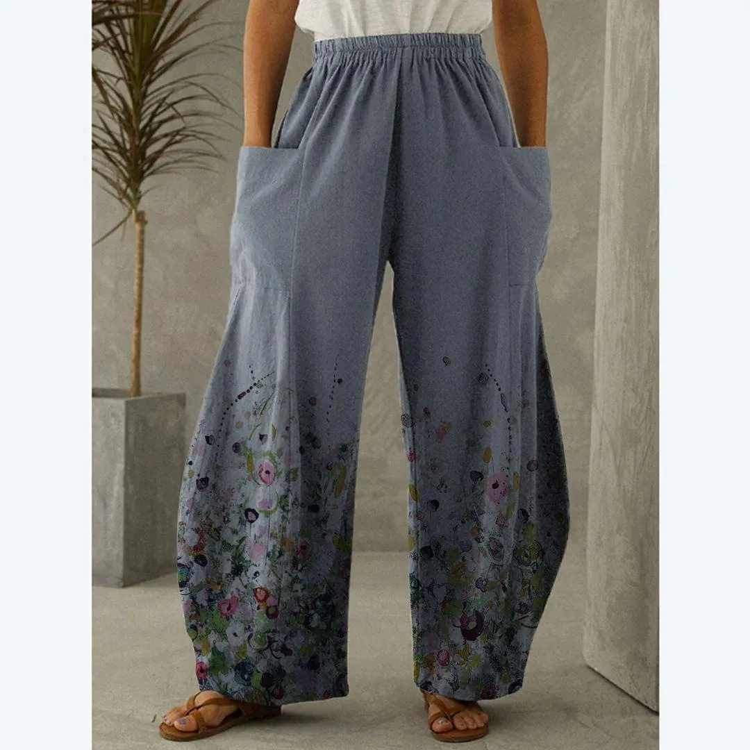 Women's informal wide leg pants, retro lotus 3D printed pants, beautiful wide leg pants