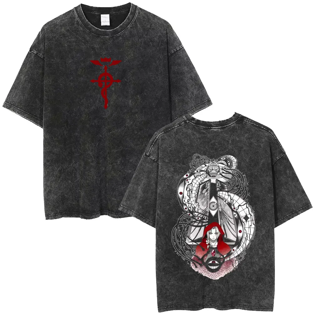 

Washed Vintage Anime Fullmetal Alchemist Edward Elric and Alphonse Elric Graphic T-shirt Men Women Manga Summer Retro T Shirts
