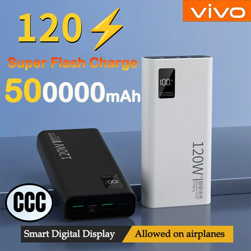 VIVO 2026 Newest 500000mAh High Capacity Power bank 120W Super Fast Charging LED Portable Mobile Battery Pack for iPhone Samsung