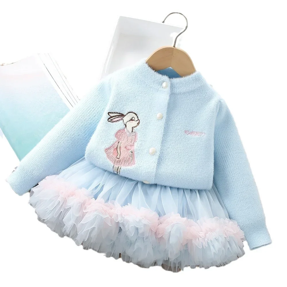 Girls\' Sweater Set 2024 New Cute Cartoon Little Girl Knitted Cardigan +tutu Skirt Two-piece Set 2-6y