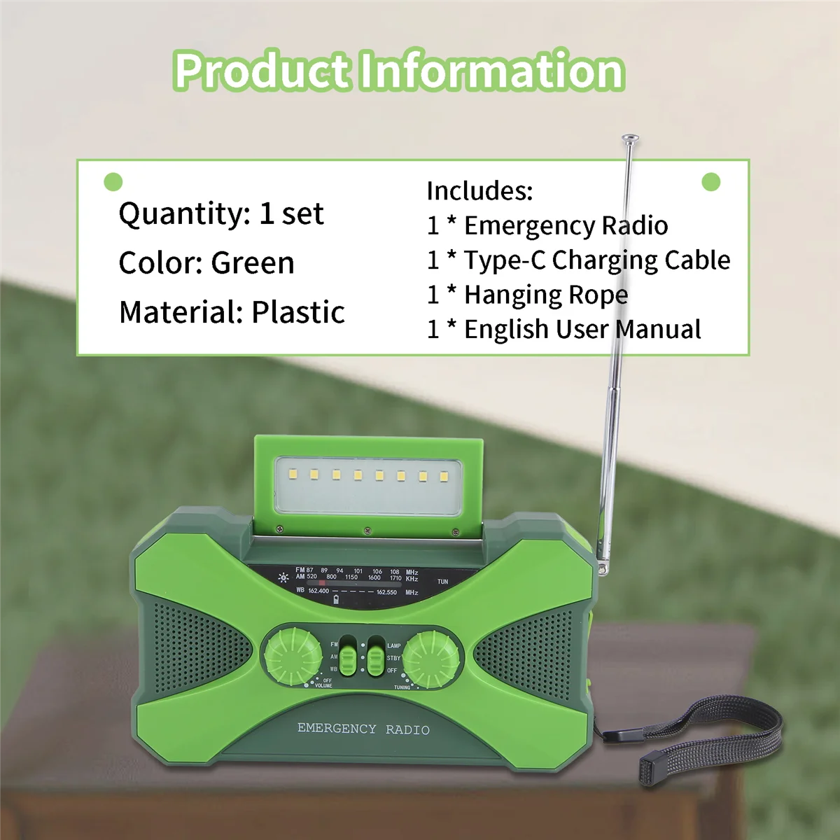 Radio d'urgence efficace 10000MAh, manivelle solaire avec chargeur, LED vert