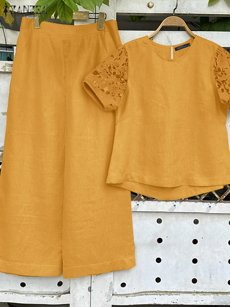 

ZANZEA Summer Wide Leg Pants 2 Pieces Sets Lace Short Sleeve O-Neck Blouses Commuting Woman Casual Pant Sets Two-Piece Outfits