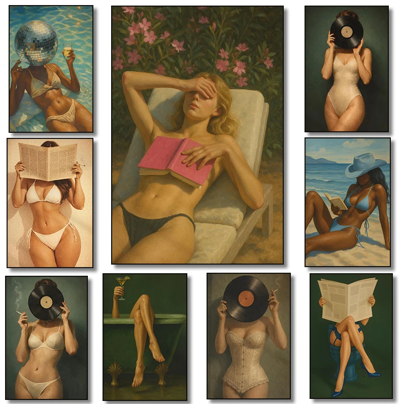 Vintage Western Sexy Girl Wear Bikini Disco Ball Head Vinyl Record Woman Poster Canvas Painting Prints Living Room Home Decor