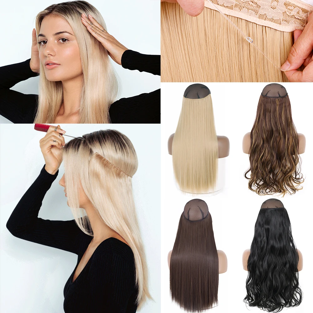 Extensiones de cabello Natural sin Clip para mujer, pelo sintético largo y liso, negro, marrón, Rubio, línea de pescado falso