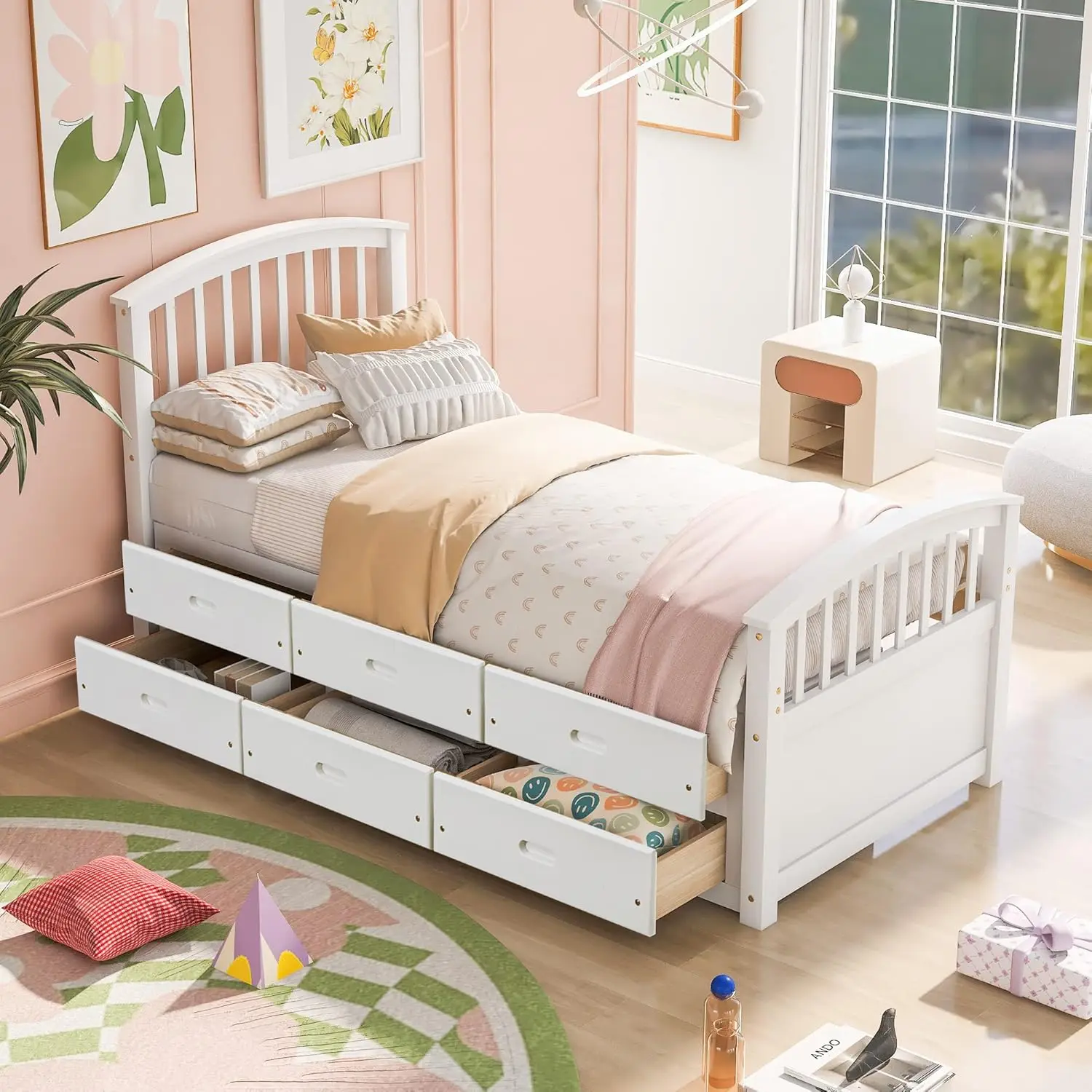 

Twin Size Platform Storage Bed Solid Wood Bed with 6 Drawers White Strong enough for Kids under 300 lbs