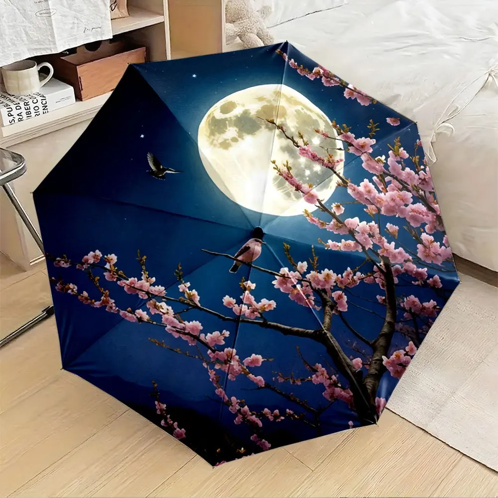

Автоматический зонт, 1 шт. | Ночной пейзаж под лунным светом с цветами вишни и птицами, 8 ребер, железо и пластик, складной, повседневный и стильный.