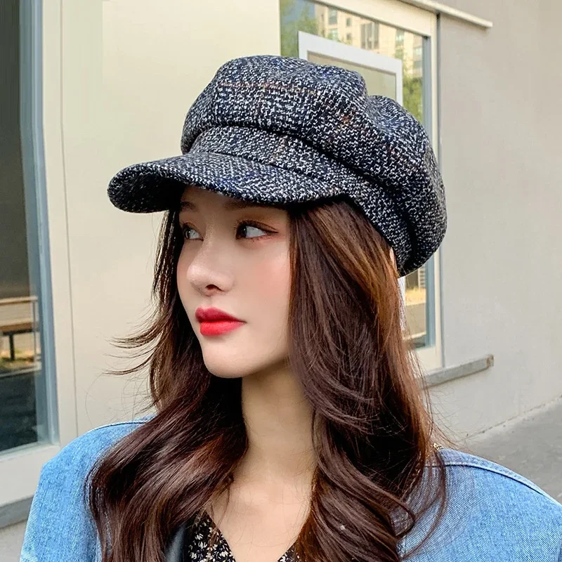 Women's Hat Beret Newsboy Autumn Winter Casual New Fashion Imitation Woolen Plaid Octagonal Vintage Caps