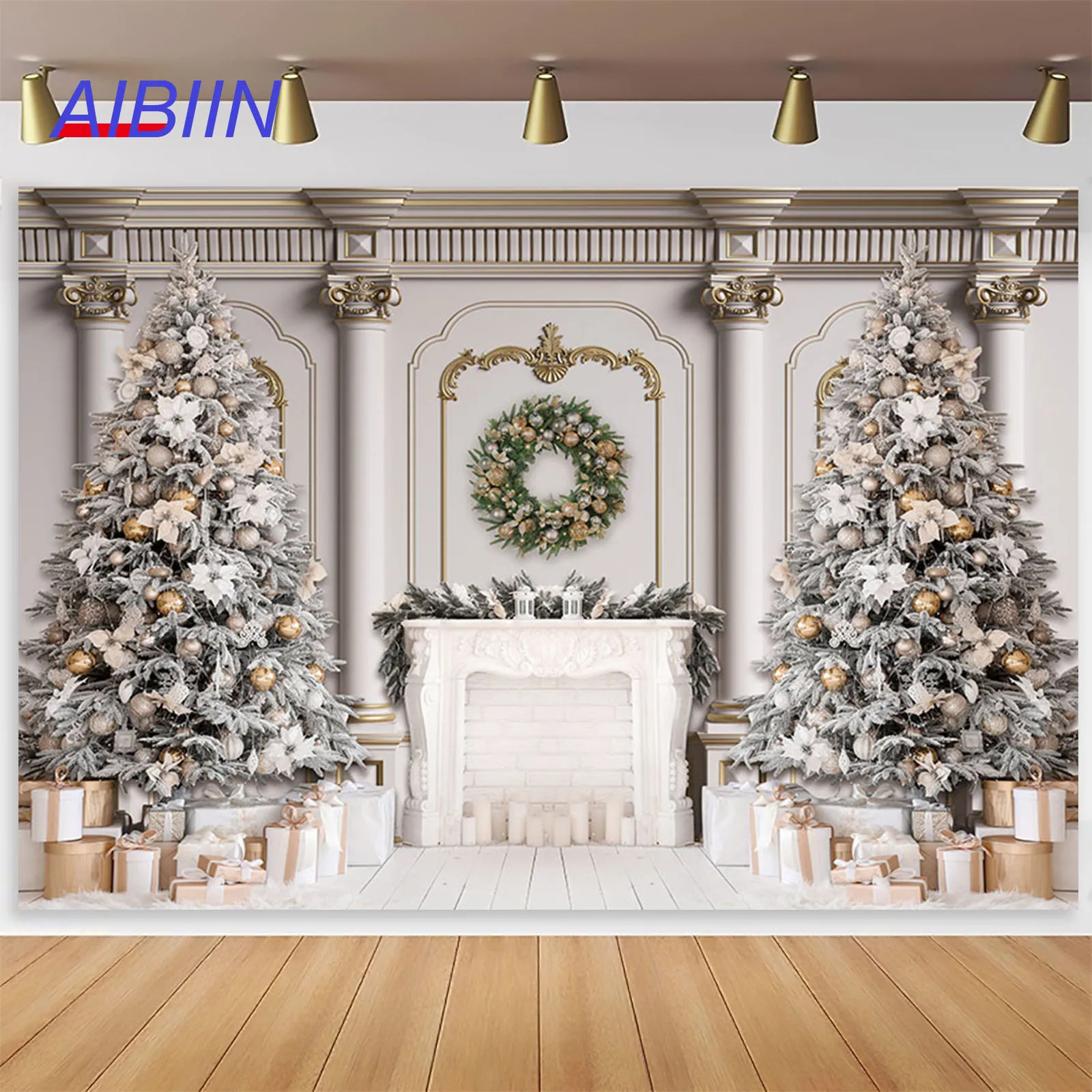 Christmas Photography Backdrop Xmas Trees Classic Palace Indoor White Fireplace Gifts Party Decor Family Portrait Background