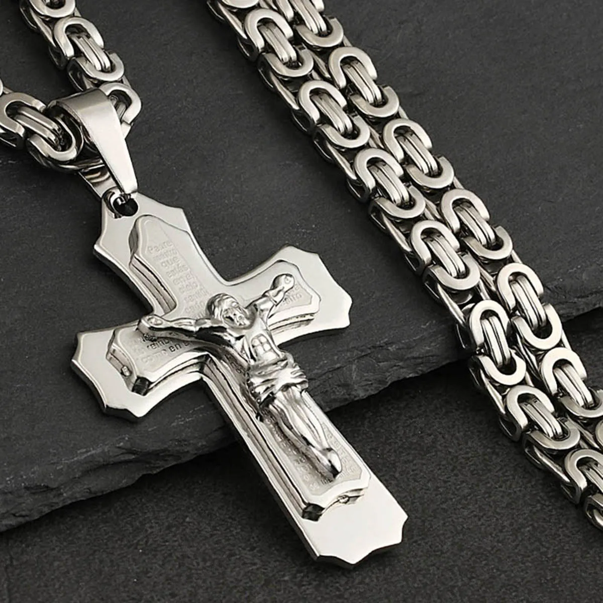Heilige Bibel Kruzifix Jesus Kreuz Anhänger Halskette Männer Edelstahl Byzantinische Kette Halskette Christian Vaterunser Schmuck – Detail 6
