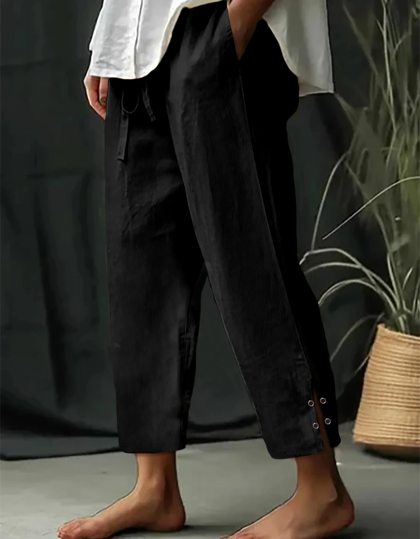 Women's High Waist Drawstring Straight Leg Pants Side Slit Casual Loose Solid Color Summer Office Trousers