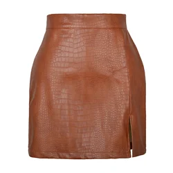 2024 New In Split PU Leather Skirt For Women High Waist Crocodile Pattern Black Office Lady Club Sexy Bodycon Mini Skirts
