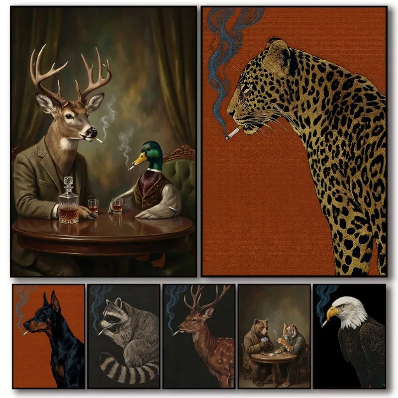 Vintage Anthropomorphic Deer and Duck Smoking Cigarettes Leopard Tiger Portrait Poster Canvas Painting Wall Pictures Home Decor