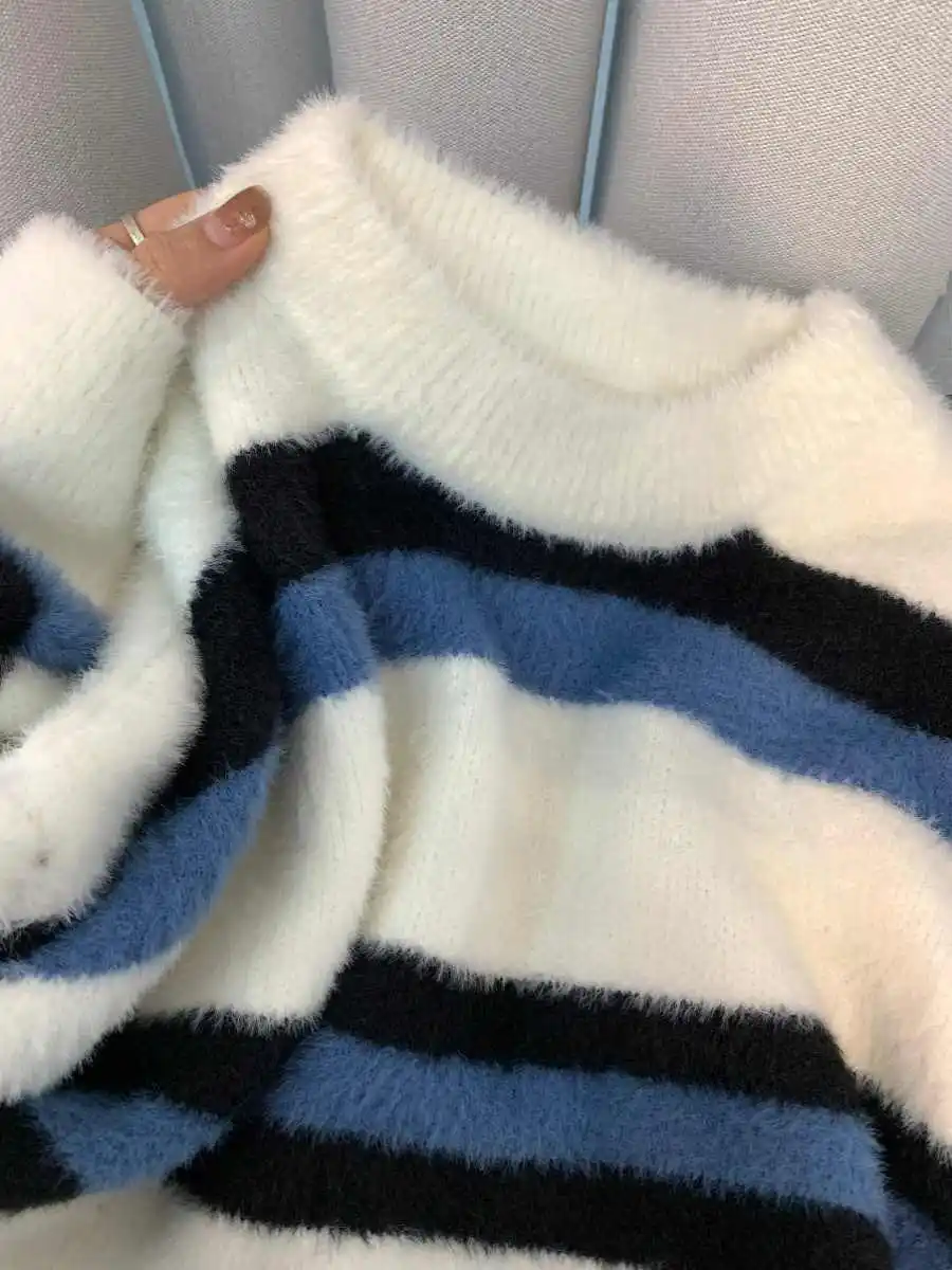 Women Striped Pullover Long Sleeve Mohair Sweater Harajuku Vintage Y2k Mink Cashmere Japanese Sweater 2000s Clothes Winter 2025