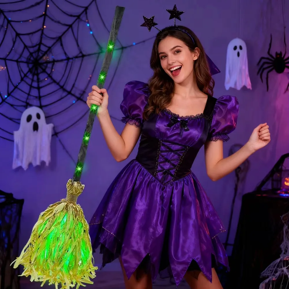 Glowing Animated Dancing Witch Broom with Sounds Movable Halloween Magic Witch Broomstick Bendable Stick Walking Feet