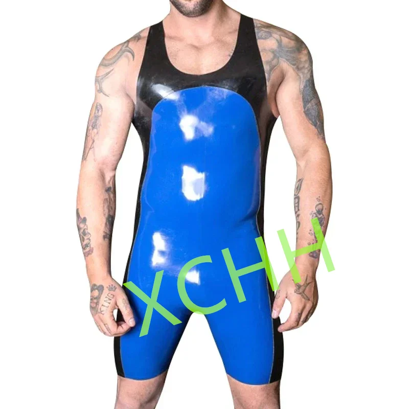 

Men Latex Catsuit Rubber Bodysuit Fetish Blue with Black Cosplay Costumes ( no zip)