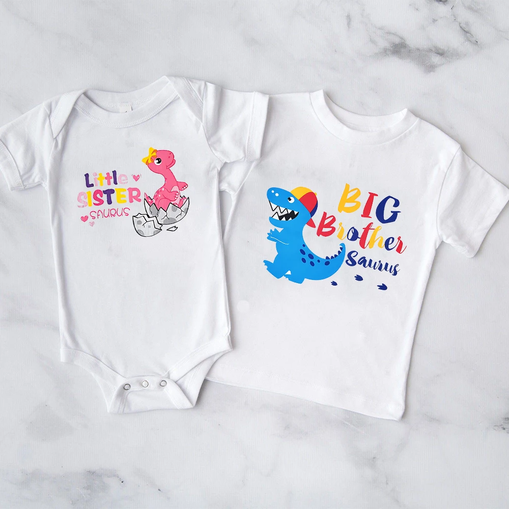 Big Brother Little Sister Matching Outfits Dinosaur Sibling Shirts Gift Toddler Big Brother T-Shirt Little Sister Baby Bodysuit