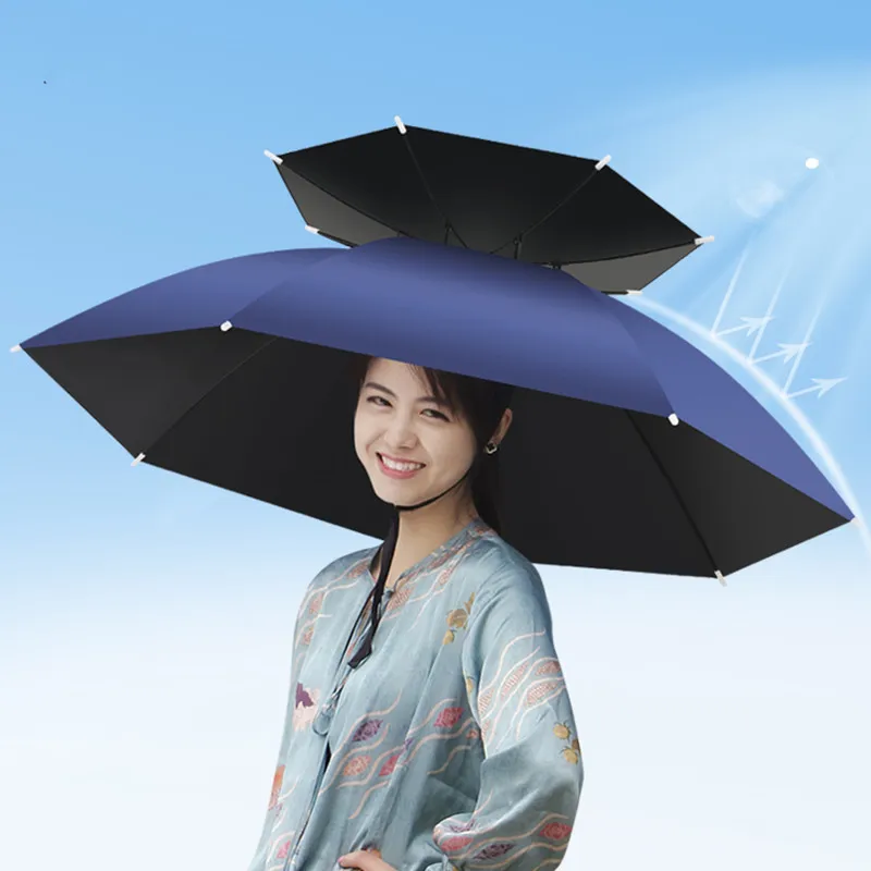 Double Layer Fishing Umbrella Hat 69-80cm Folding Sun Shade Waterproof Umbrella Cap Outdoor Fishing Camping Umbrella Headwear