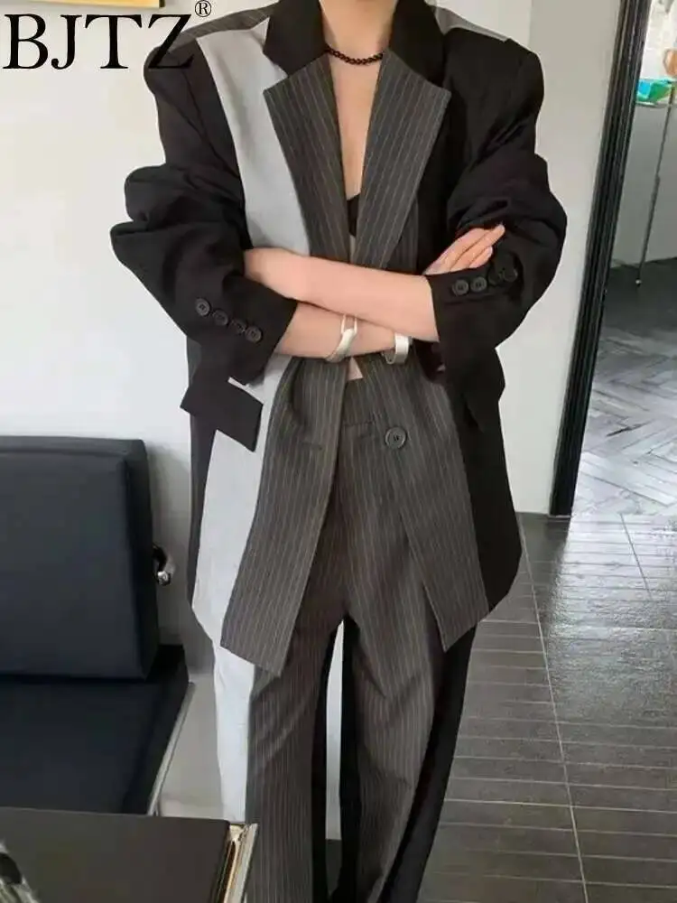 Bjtz moda feminina listra blazer entalhado único breasted bolsos contraste cor algodão terno jaquetas verão 2025 novo