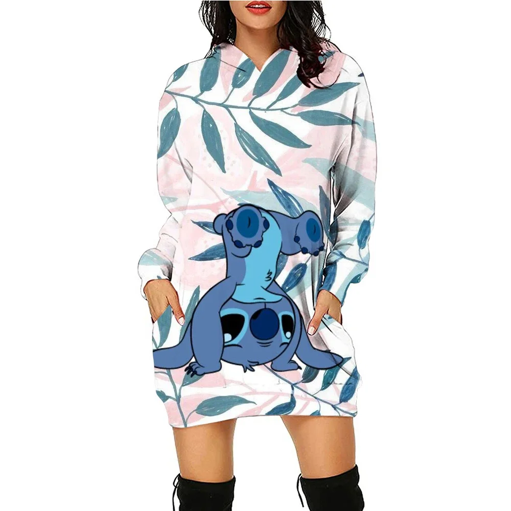 Women Disney Stitch print Hoodie Dress Long Sleeve Hoodie Casual Hooded Jumper Pockets Sweater Tops