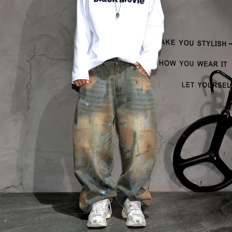 

Мужские широкие джинсы Vibe Wasteland Aesthetic с эффектом потертости и граффити, модные свободные прямые брюки в стиле хип-хоп