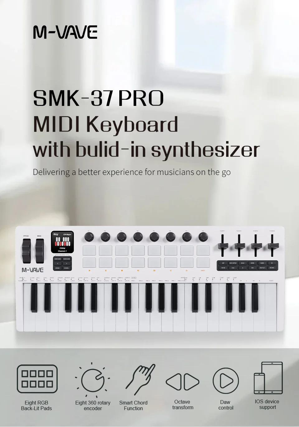 M-VAVE SMK-37 Pro White MIDI Controller – 37 Velocity Keys, 16 Pads, 8 Knobs, 4 Faders, Arpeggiator, Sequencer, Bluetooth/USB-C