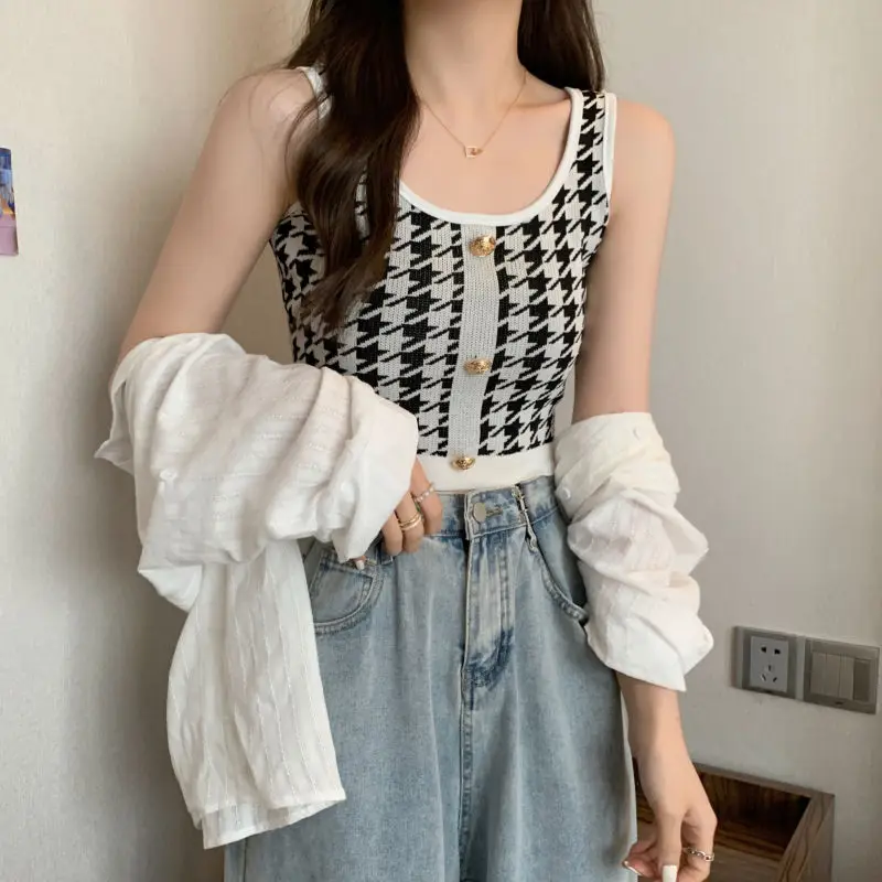 Houndstooth Camis Fashion Buttons Summer All-match Patchwork Slim Square Collar Tank Top Women Clothing Trend Sexy Top Tee