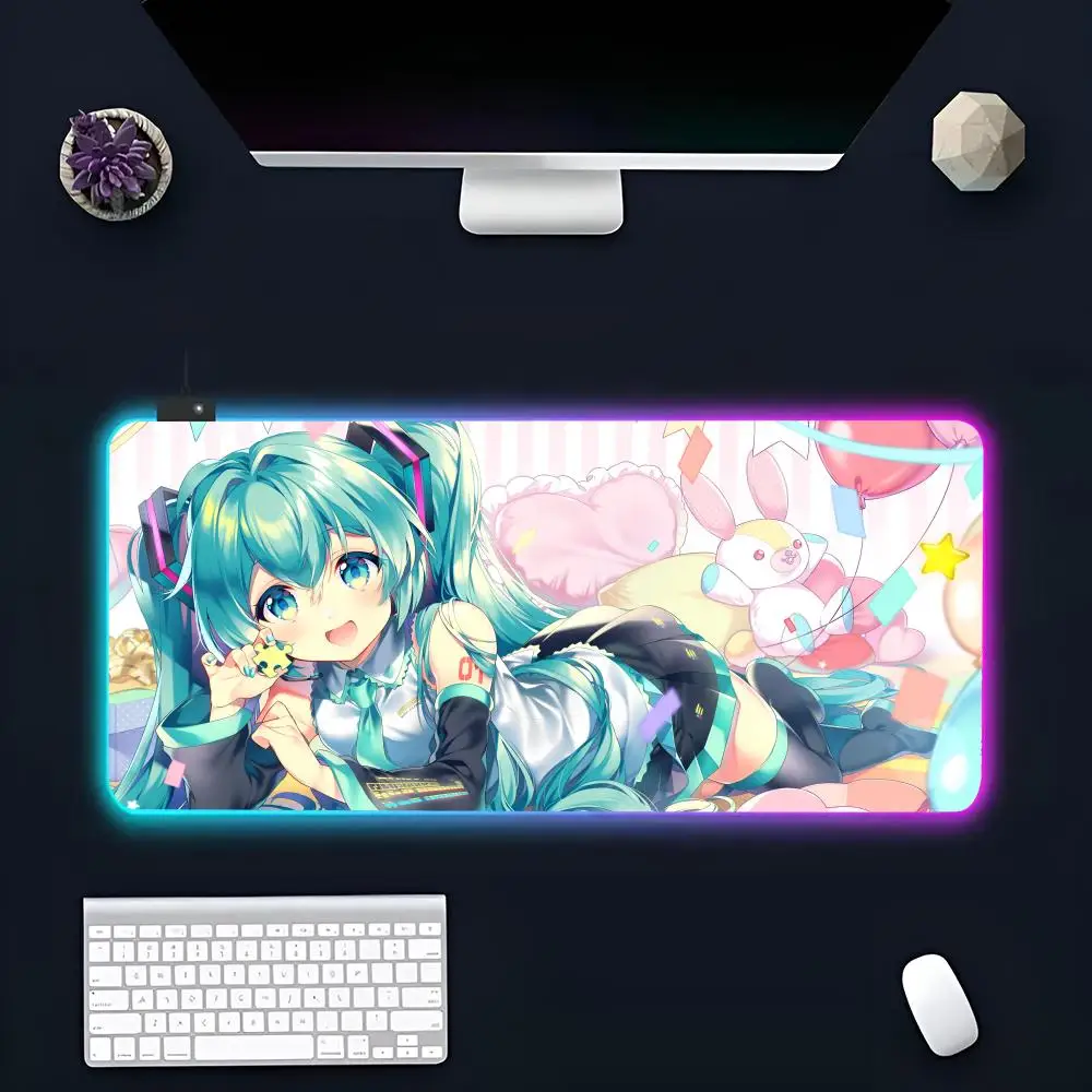 Games Hatsune Miku MINISO Mouse Pad RGB Gaming Mousepad LED Large Gamer Mousepads XXL Keyboard Pads Luminous Desk Mat Backlit