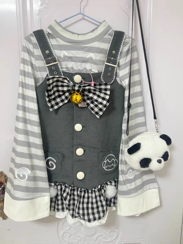 2025 frühling Japanische Süße Kawaii 2-teiliges Sets Frauen Y2k Gestreiften Tops + Plaid Strap Chic Rock Weibliche Grau harajuku Fee Anzüge
