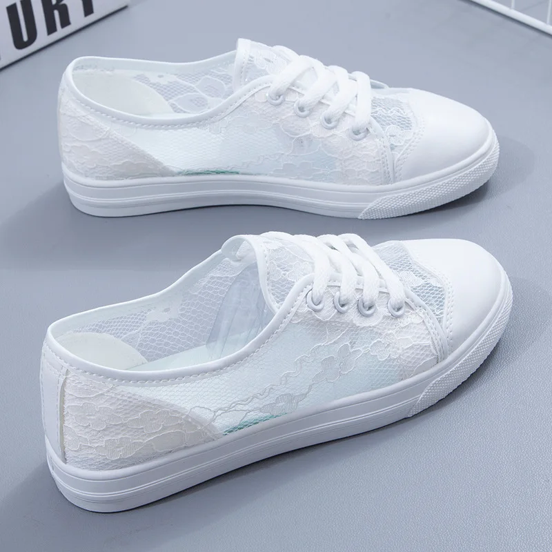 Mesh Flats Shoes White Women Sneakers Breathable Lady Lace Causal Shoes Fashion 2023 New Summer Female Black Canvas Footwear