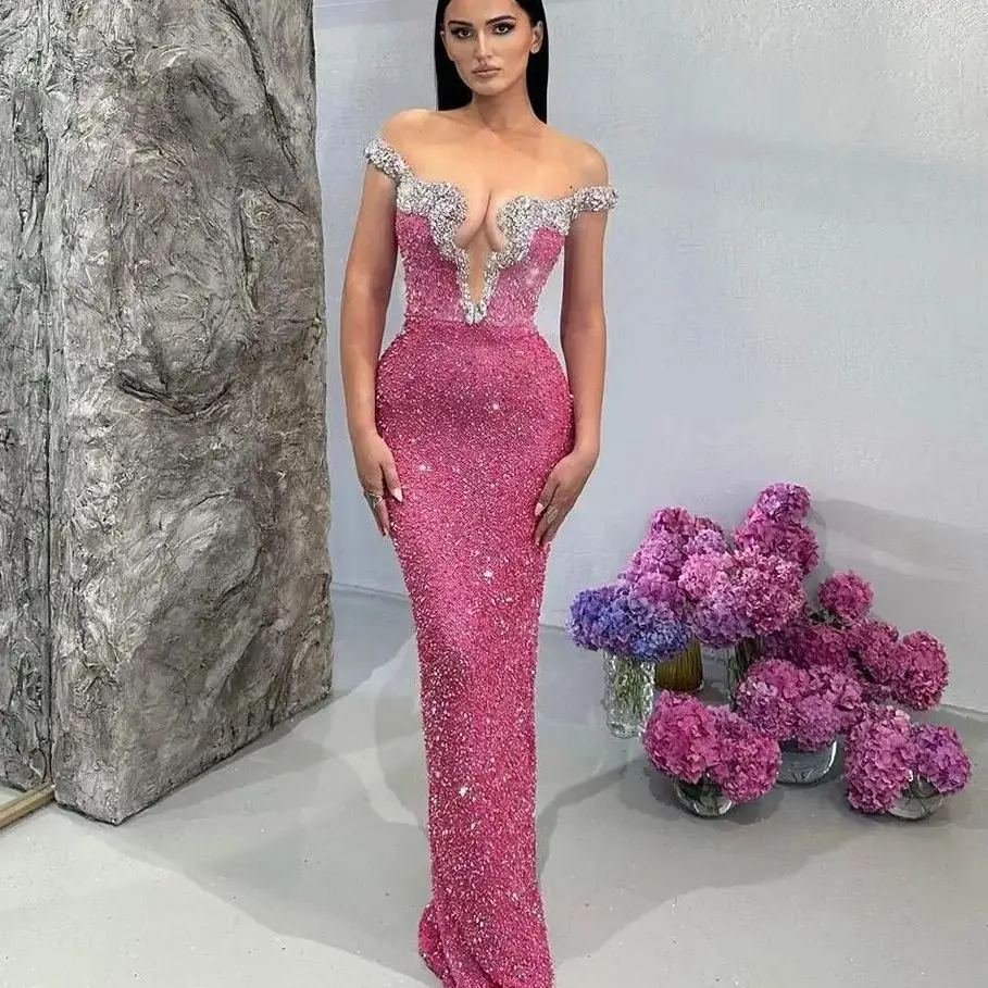 

Sexy Sequined Off The Shoulder Saudi Evening Dresses Mermaid Crystal Formal Floor Length Dinner Party Gowns