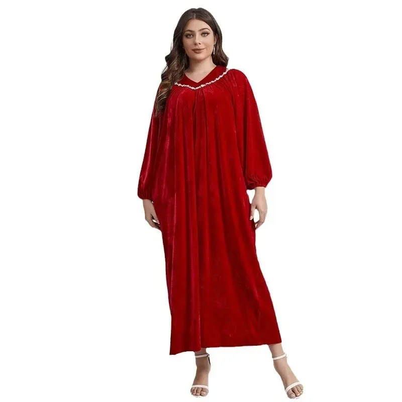 

2024 Velvet Abayas for Women Spring Elegant Muslim Long Sleeve V-neck Plus Size Long Maxi Dress Muslim Fashion Abaya Dubai Abaya