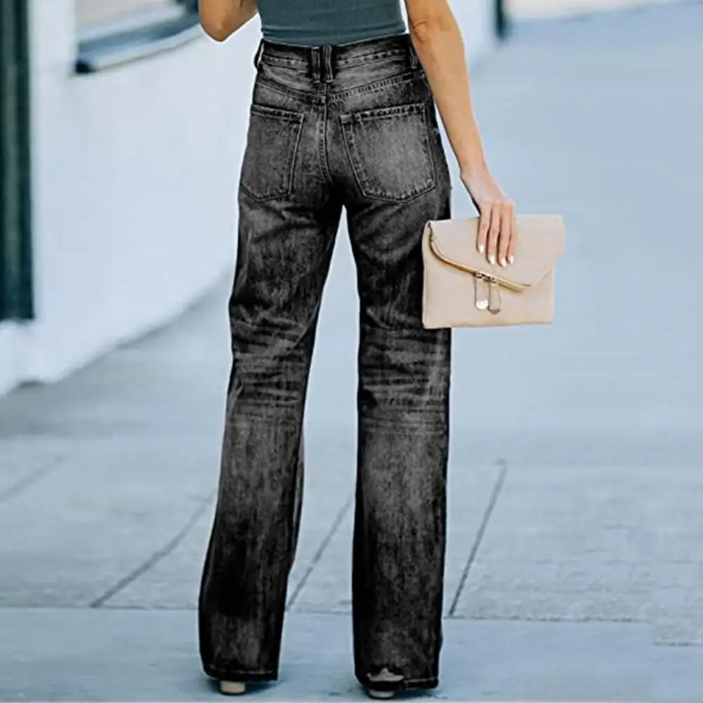 

Denim Pants with Side Pockets Stylish Women's High Waist Ripped Jeans with Wide Leg Pockets Trendy Denim Pants for Commute