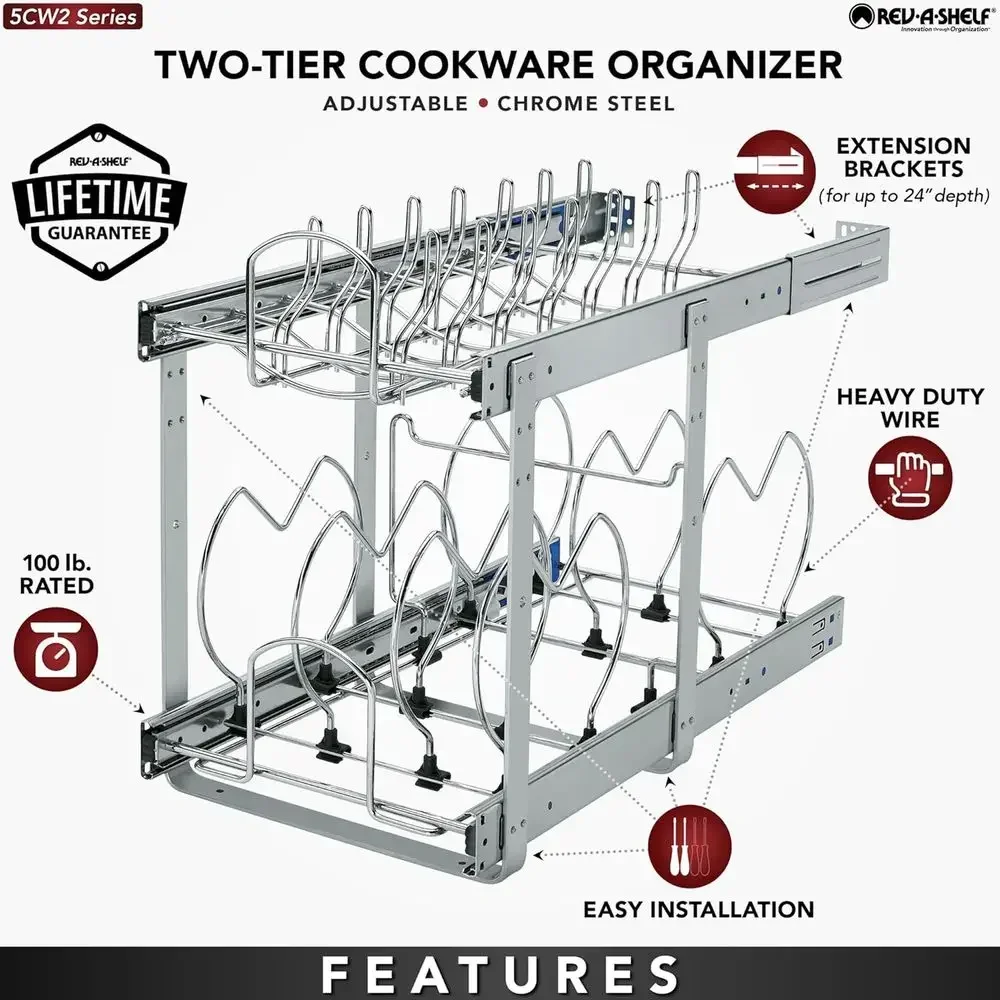 2-Tier Pullout Kitchen Cabinet Organizer for Pots, Pans, and Lids, Adjustable Heavy Duty Chrome Wire