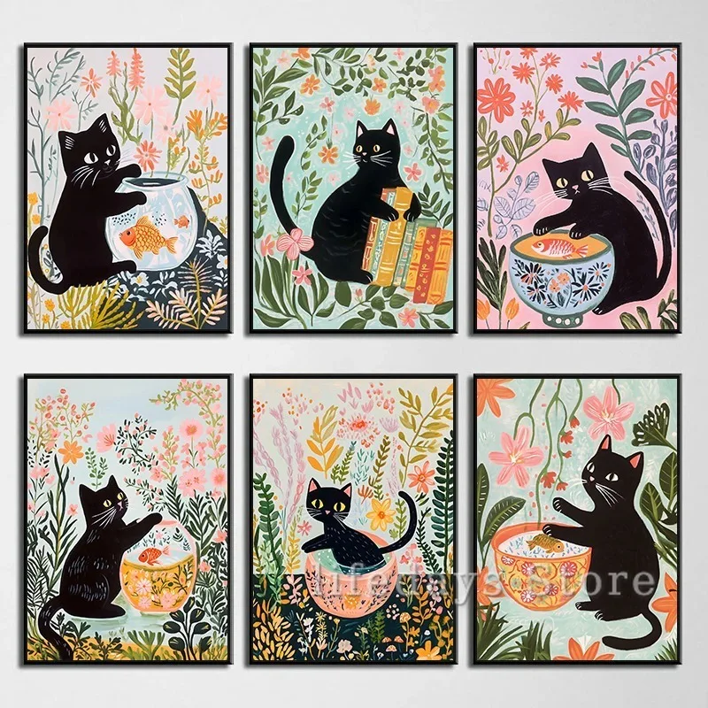 Funny Black Cat Playing Fish Bowl Matisse Inspired Poster Cat Flower Plant Canvas Printing Wall Art Picture for Room Home Decor