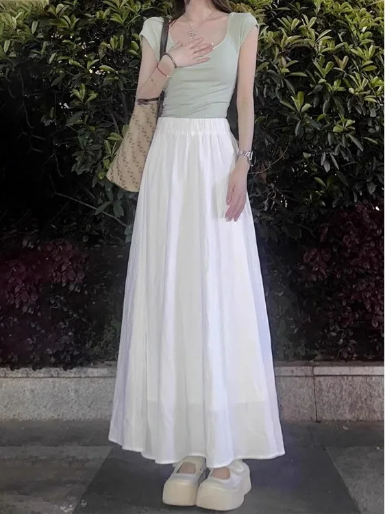 

plus Size White Pleated Midi Skirt High Waist Loose Slimming Drapey over Knee Spring Summer New Style Korean Style A-Line Skirt