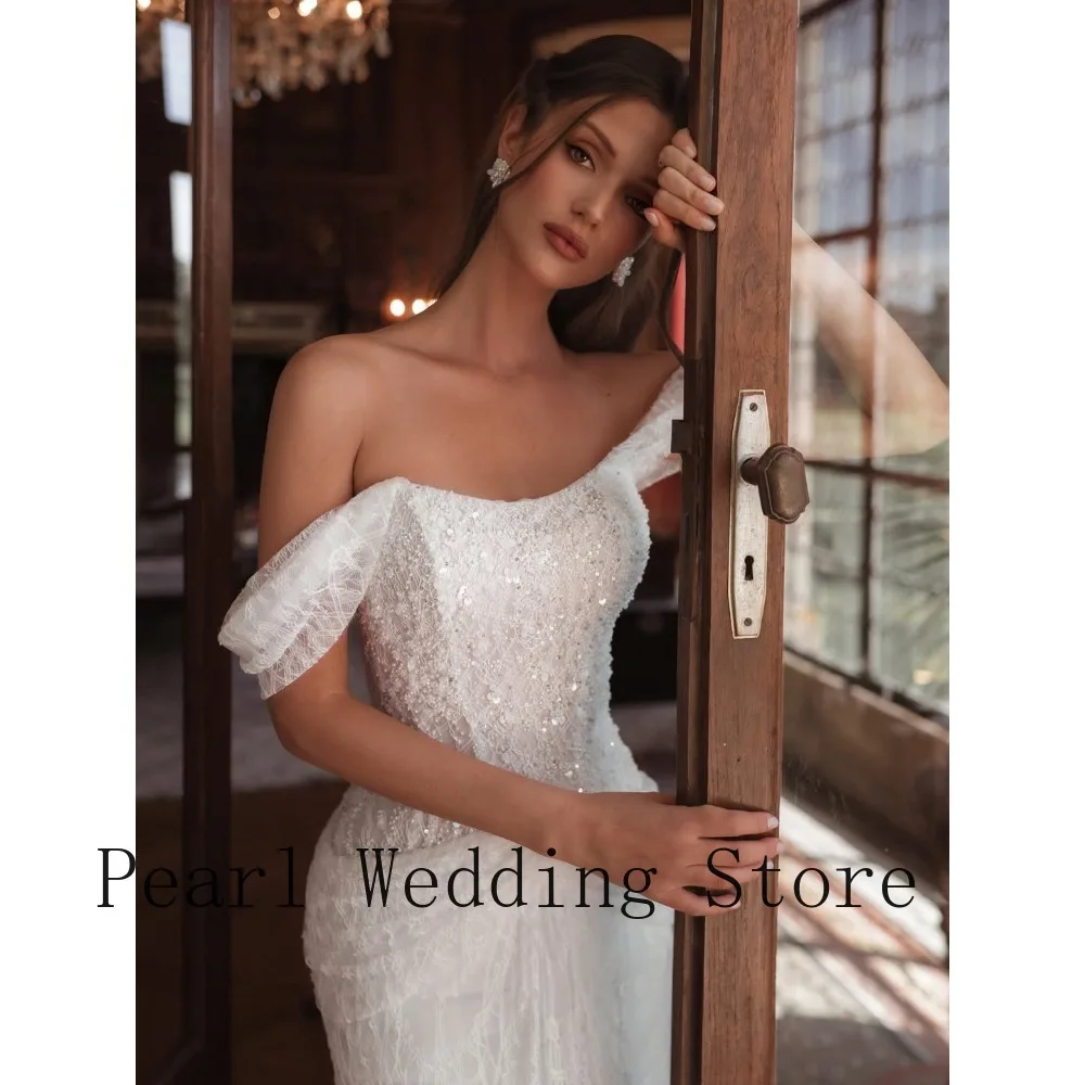 Lace Off Shoulder Mermaid Wedding Dress – Sequin Bodice Tulle Skirt Bridal Gown with Train for Rustic Wedding & Reception Events