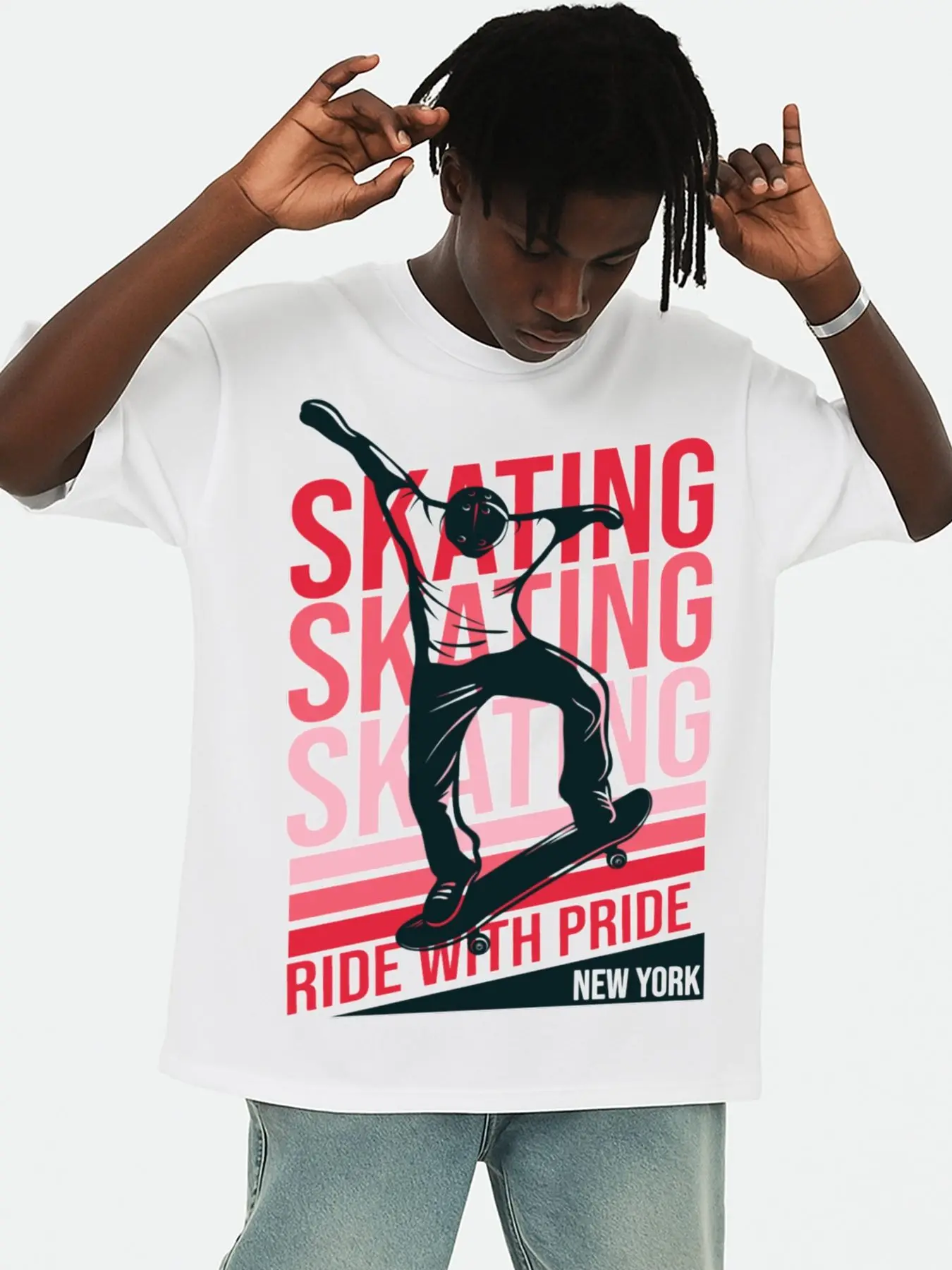 Men's White Graphic T-Shirt, Celebrating the Skateboarding Hobby, Featuring a Soft and Comfortable Regular Fit Perfect for Everyday Wear, Casual Outings, and Urban Style during Spring and Summer Outdoor Activities.