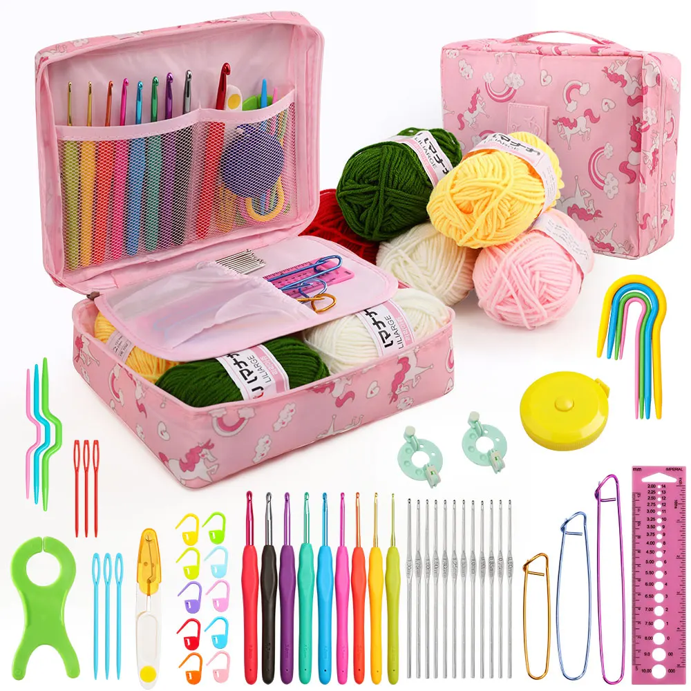 59Pcs/Set Crochet Set DIY Beginner Crochet Hook Kit With Storage Bag Material Pack Portable Sewing Knitting and Storage Tools