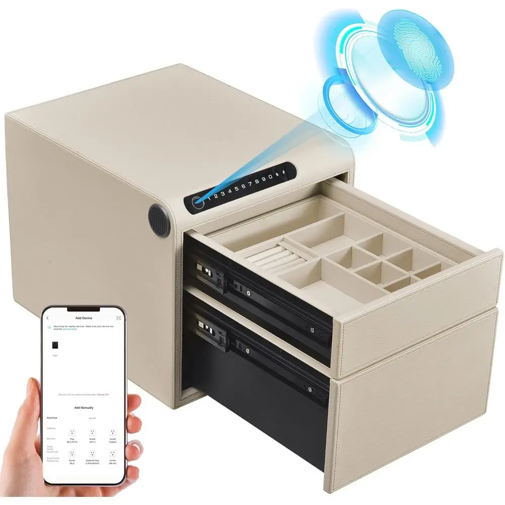 

Безометрический сейф для отпечатков пальцев с ящиками для ювелирных изделий и пистолетов, белая цифровая клавиатура, быстрый доступ, 2 ящика для хранения