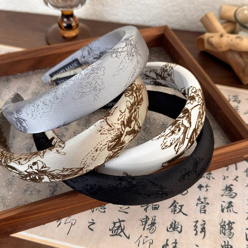 Chinese Style Satin Embroidered Velvet Printing Sponge Headband Wide Hair Band for Woman Girl Elegant Hair Hoop Hair Accessories