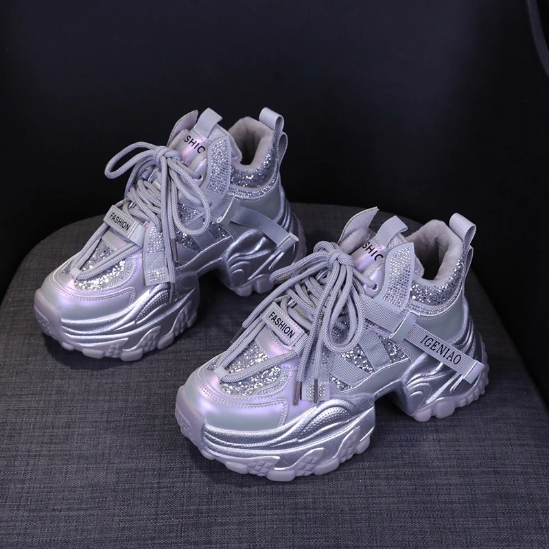 

Women's Silver Platform 2025 New Fashion Rhinestone Mesh Casual Sneakers