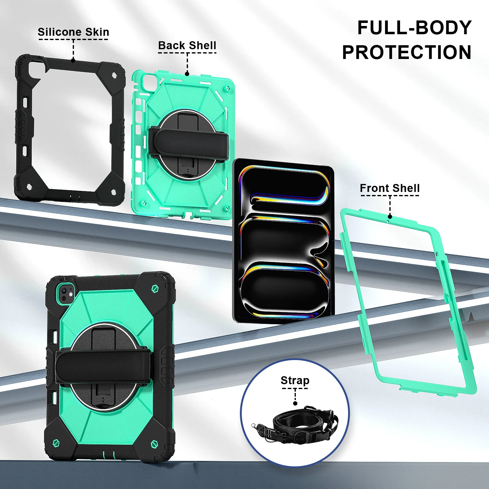 

Прочный чехол с вращающейся подставкой на 360° и плечевым ремнем, противоударный чехол для iPad Pro 13 2024 M4
