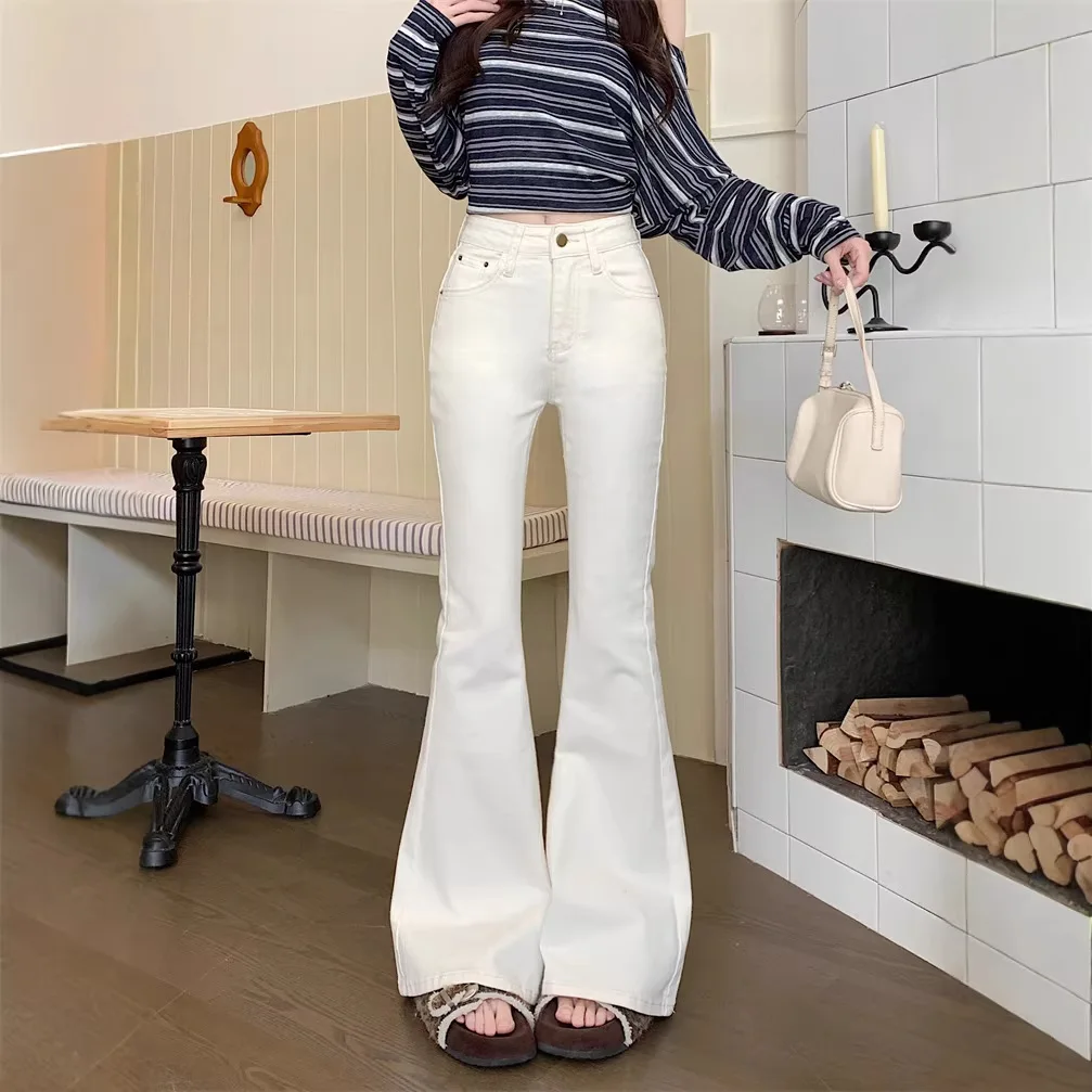 

Spring New plus Size Women's Slim Fit High Waist Denim Jeans Elastic Bell Bottoms Cotton Stretch Faded Light Beige Trousers