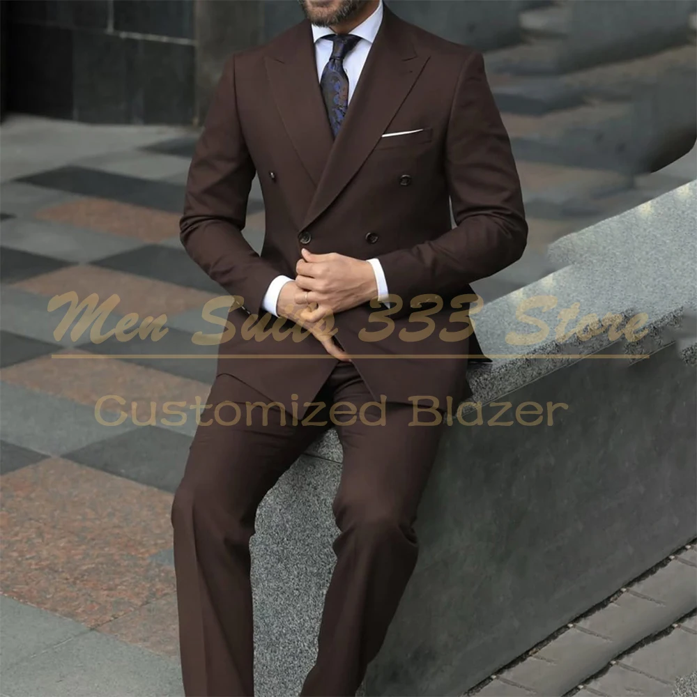 

Gentlemen Double Breasted Men's Suits Brown Simple Chic 2 Piece Jacket Pants Outfits High Quality Male Clothing For Business