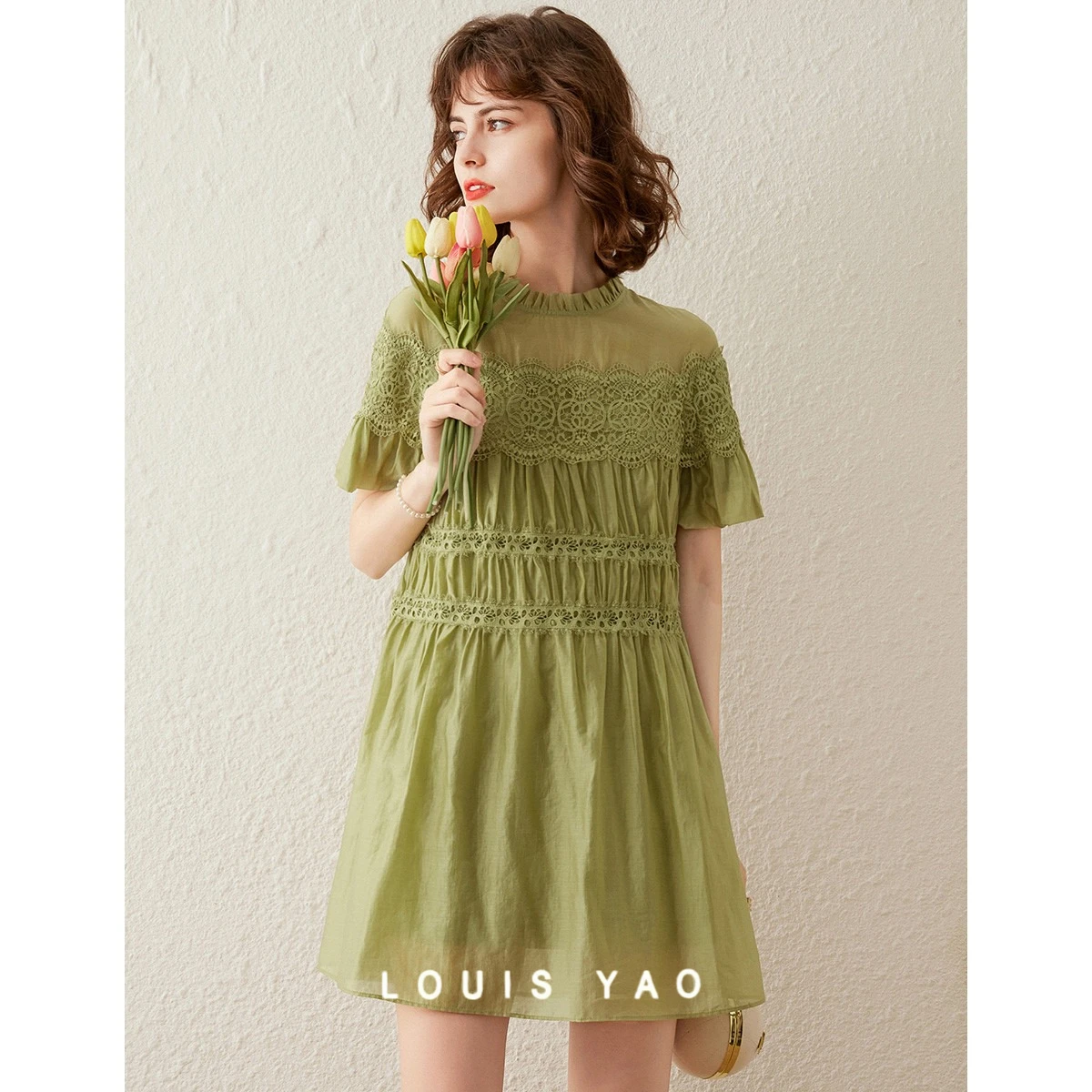 

Edible Tree Fungus Round Neck Women's Dresses Summer Sweet Cutout Shirring Pinch Pleat Lightweight Long Dresses Female Clothing
